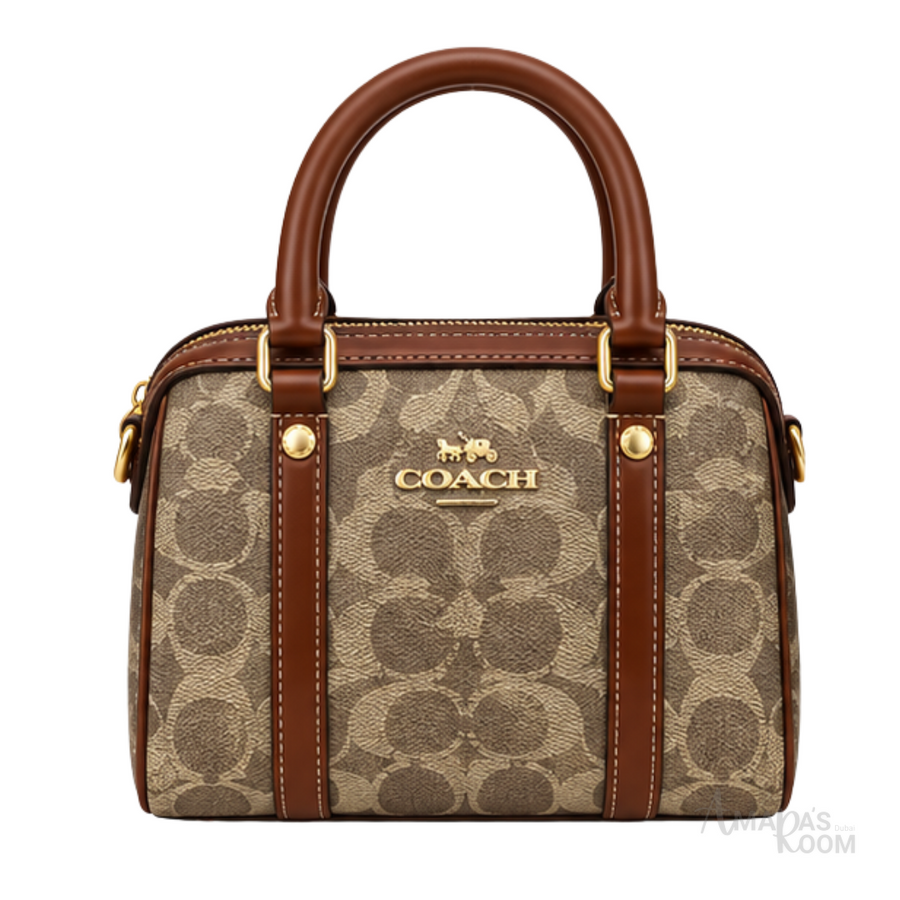 Coach Bag | Micro Rowan Satchel – Khaki – Saddle (Signature coated canvas with tan leather trim)