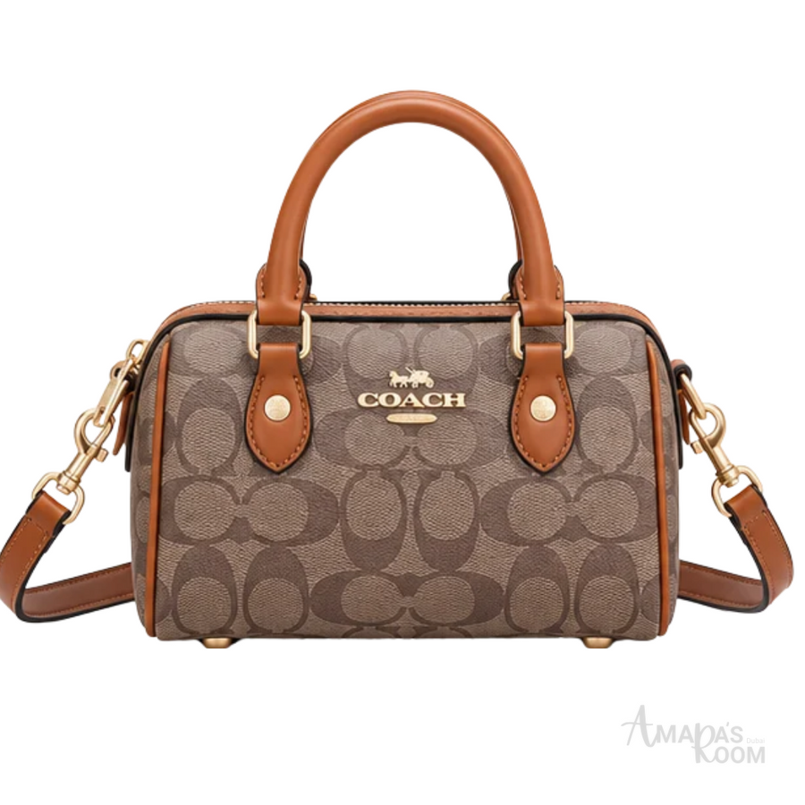 Coach Bag | Micro Rowan Satchel – Khaki – Saddle (Signature coated canvas with brown leather handles and trim)
