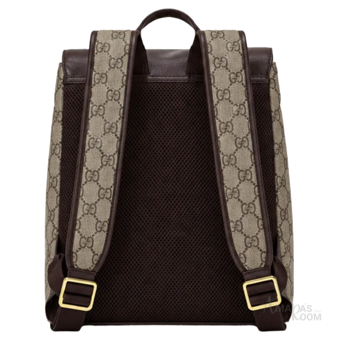 Gucci Bag | Eden GG Supreme Canvas Backpack (with dark brown leather flap) – Beige – Brown (Monogram canvas with dark espresso brown leather trim and gold-tone zipper)