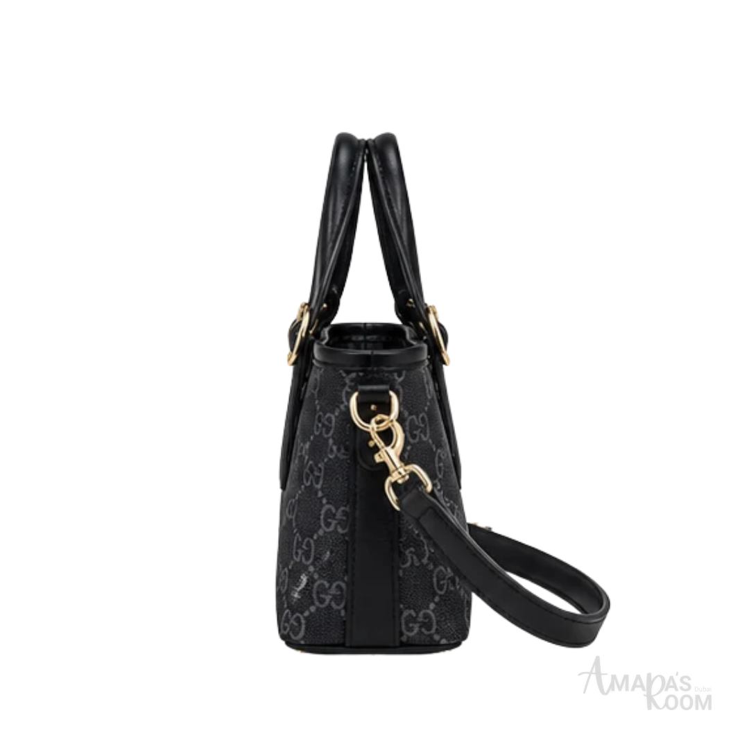 Gucci Bag | GG Emblem Mini Bag – Black (GG Monogram canvas with black leather handles and trim)