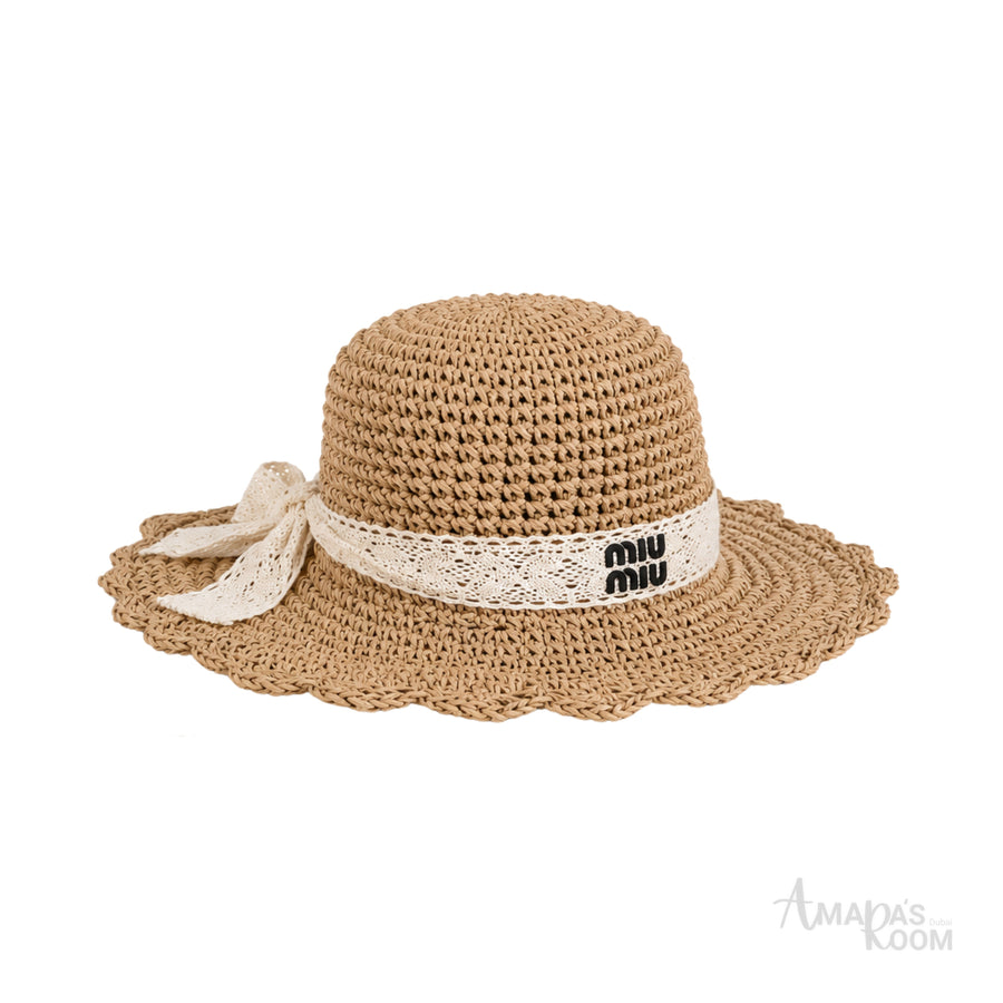 Miu Miu Crochet Straw Sun Hat Natural Beige – product view