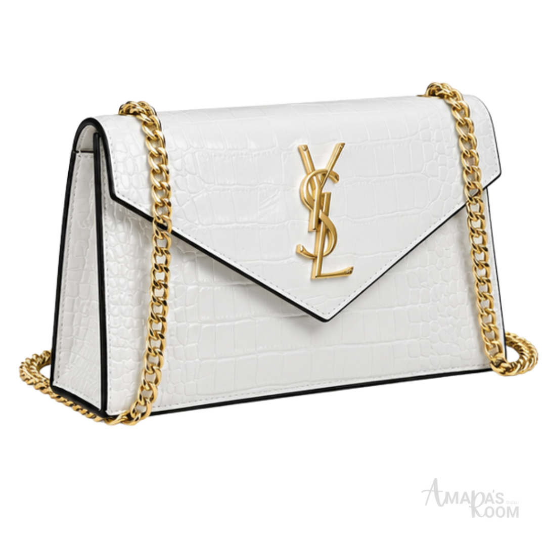 Saint Laurent Bag | (YSL) – Cassandra Medium Chain Wallet (Envelope Shoulder Bag) – White (Croc-Embossed Leather with gold-tone hardware)