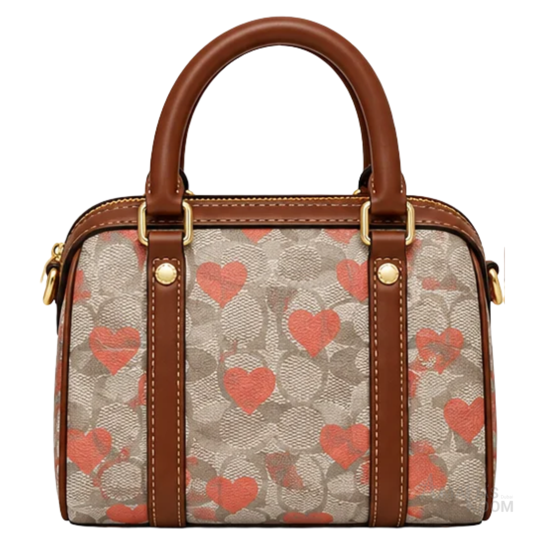 Coach Bag | Micro Rowan Satchel (Heart Print Edition) – Khaki – Red (Signature canvas with red heart overlay and brown leather trim)