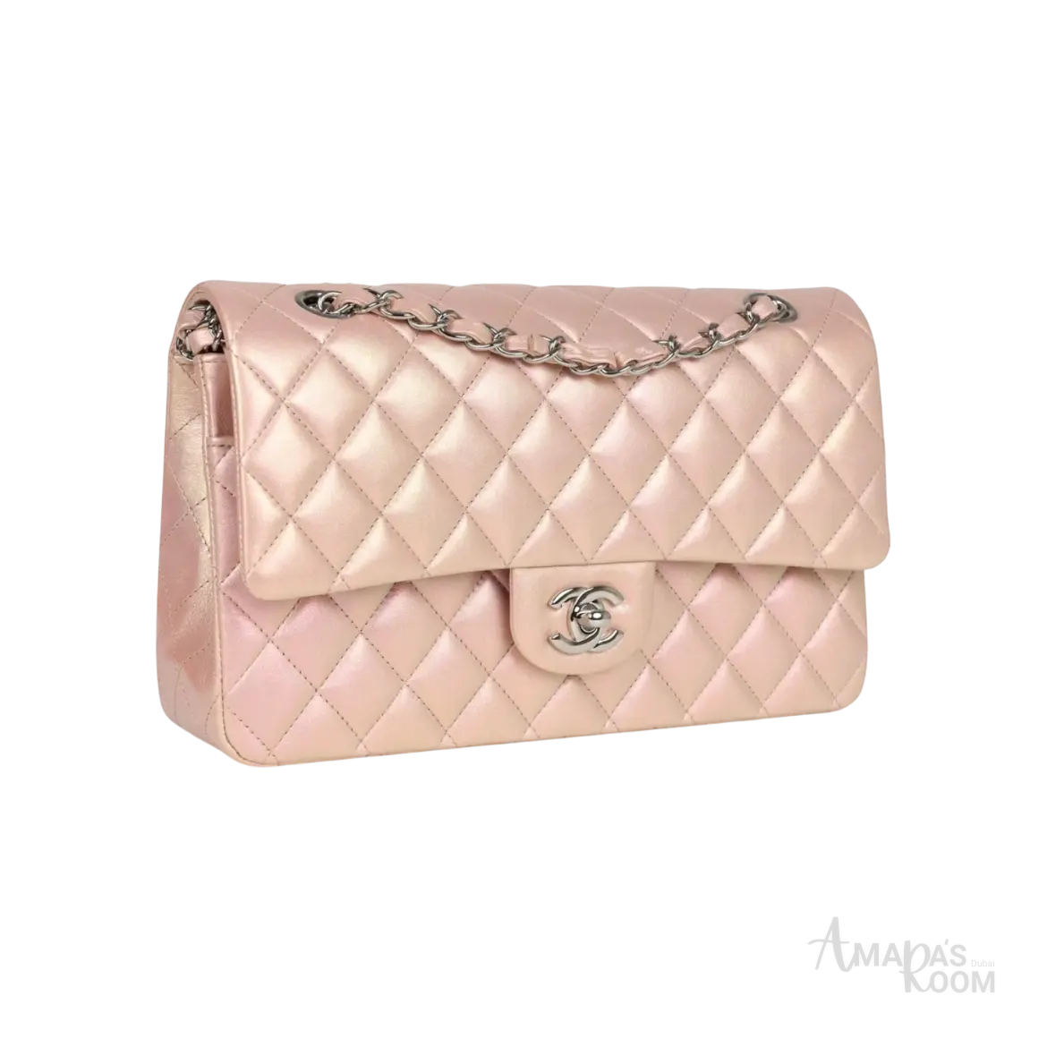 Chanel Classic Double Flap Bag Pink Iridescent Lambskin Silver Hardware - View 2