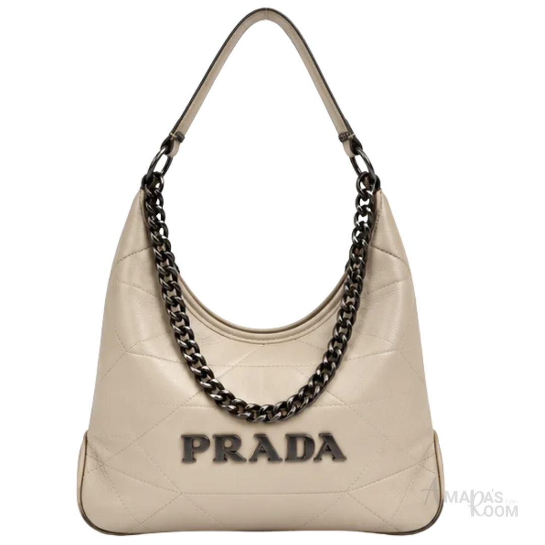 Prada Bag | Triangle Stitch Leather Hobo Bag (with chain strap) – Beige (Chalk White – Cream nappa leather with silver-tone metal logo lettering)
