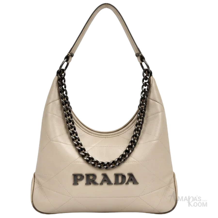 Prada Bag | Triangle Stitch Leather Hobo Bag (with chain strap) – Beige (Chalk White – Cream nappa leather with silver-tone metal logo lettering)