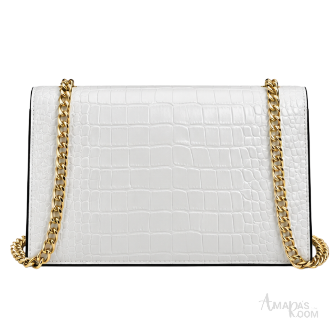 Saint Laurent Bag | (YSL) – Cassandra Medium Chain Wallet (Envelope Shoulder Bag) – White (Croc-Embossed Leather with gold-tone hardware)