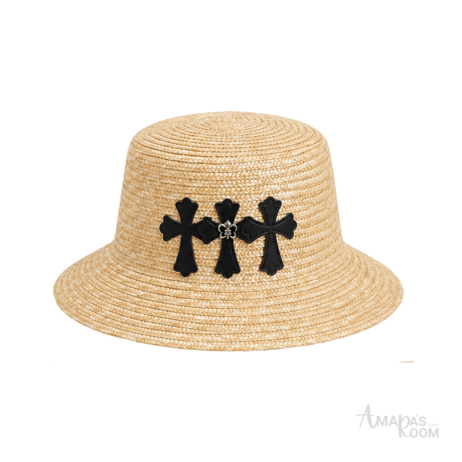 Chrome Hearts Leather Cross Straw Bucket Hat Beige Black – product view
