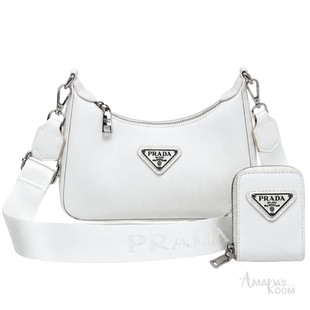 Prada Bag | Re-Edition 2005 Saffiano Leather Bag (with detachable pouch) – White (Chalk White – Bianco with silver-tone hardware)